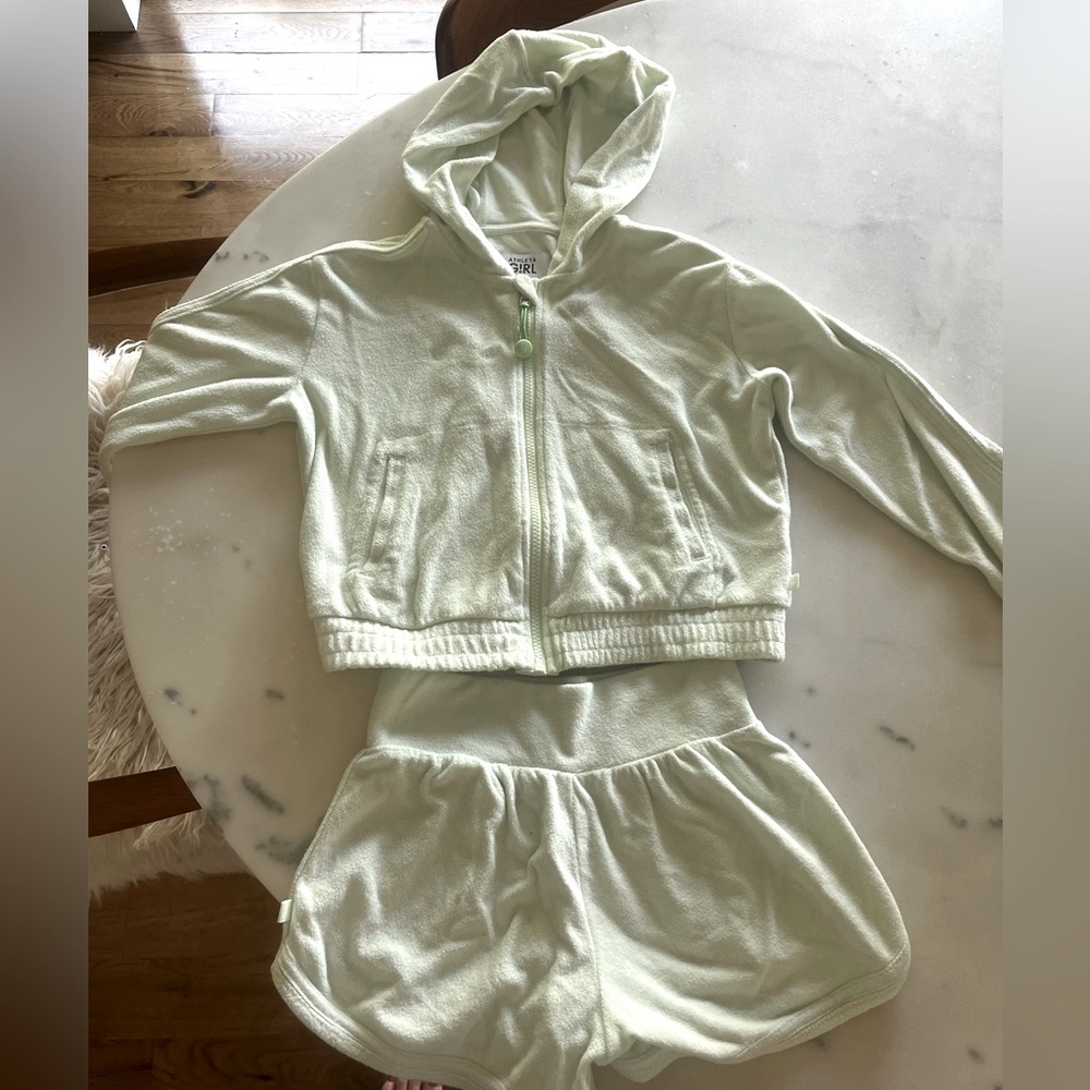 Athleta girls matching set seafoam green Terry cloth.